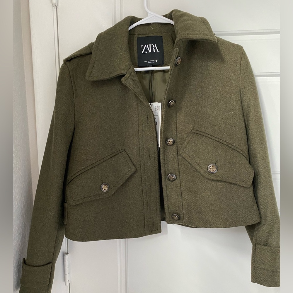 army green wool blend crop winter coat